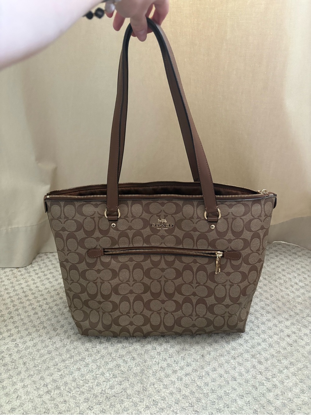 Coach Tan/Brown Signature Canvas Tote with Front Zip